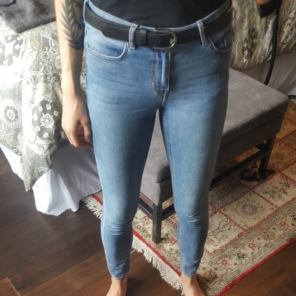 Light blue wash jeans.